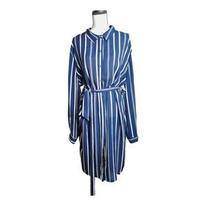 Women's Plus Size 2X/XXL Navy Blue & White Stripe Midi Shirt Dress Tunic New